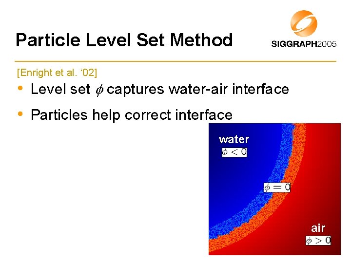 Particle Level Set Method [Enright et al. ‘ 02] • Level set captures water-air