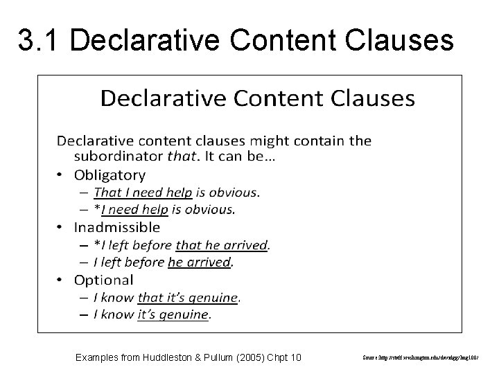 3. 1 Declarative Content Clauses Examples from Huddleston & Pullum (2005) Chpt 10 Source: