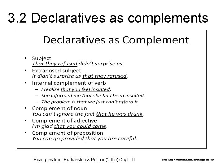 3. 2 Declaratives as complements Examples from Huddleston & Pullum (2005) Chpt 10 Source: