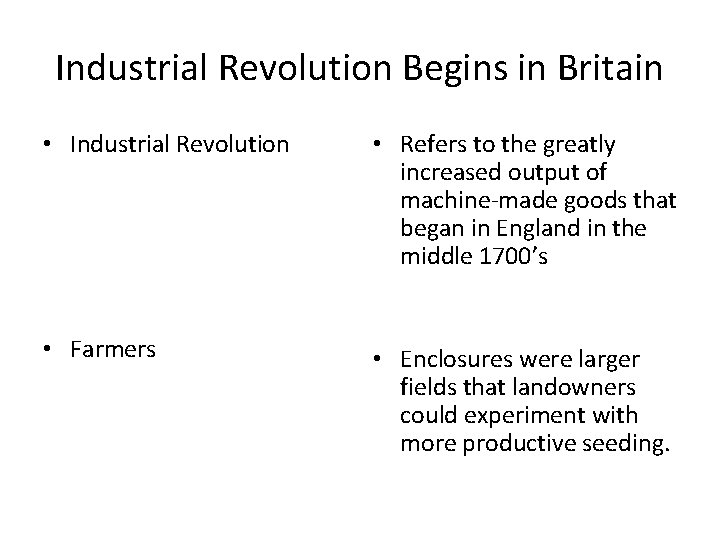 Industrial Revolution Begins in Britain • Industrial Revolution • Refers to the greatly increased