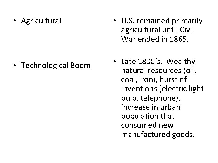  • Agricultural • U. S. remained primarily agricultural until Civil War ended in