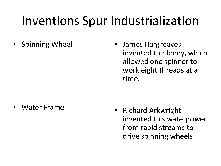 Inventions Spur Industrialization • Spinning Wheel • James Hargreaves invented the Jenny, which allowed