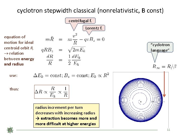 cyclotron stepwidth classical (nonrelativistic, B const) centrifugal f. Lorentz f. equation of motion for