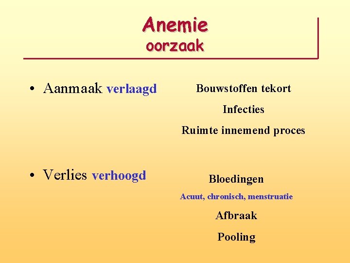 Anemie oorzaak • Aanmaak verlaagd Bouwstoffen tekort Infecties Ruimte innemend proces • Verlies verhoogd
