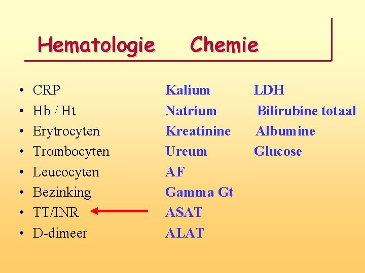 Hematologie • • CRP Hb / Ht Erytrocyten Trombocyten Leucocyten Bezinking TT/INR D-dimeer Chemie