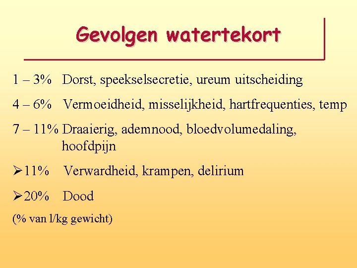 Gevolgen watertekort 1 – 3% Dorst, speekselsecretie, ureum uitscheiding 4 – 6% Vermoeidheid, misselijkheid,