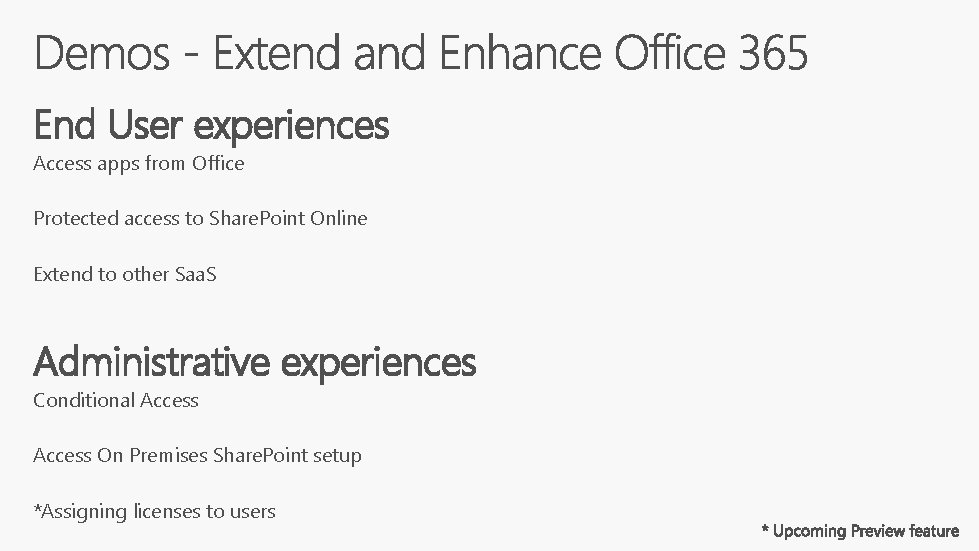 End User experiences Access apps from Office Protected access to Share. Point Online Extend