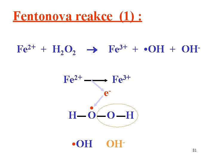 Fentonova reakce (1) : Fe 2+ + H 2 O 2 Fe 3+ +