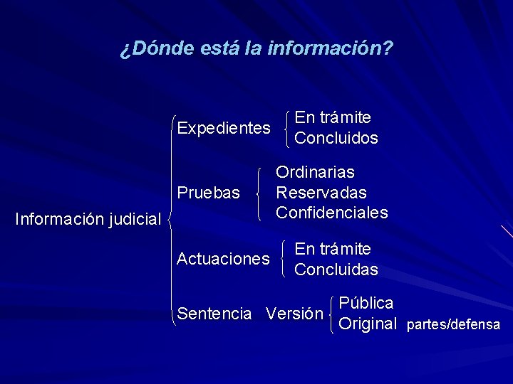 ¿Dónde está la información? Expedientes Pruebas Información judicial Actuaciones En trámite Concluidos Ordinarias Reservadas