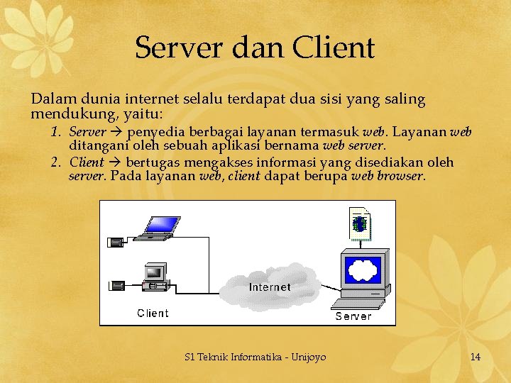 Server dan Client Dalam dunia internet selalu terdapat dua sisi yang saling mendukung, yaitu: