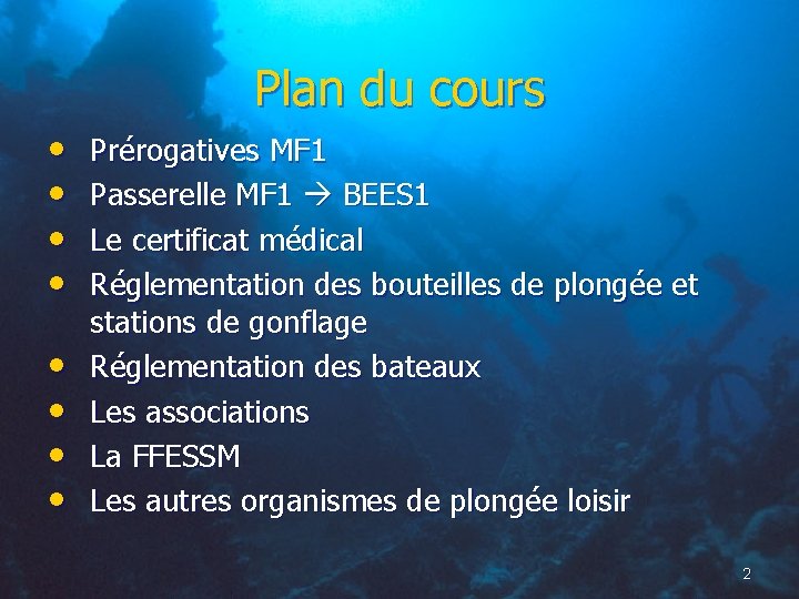 Plan du cours • • Prérogatives MF 1 Passerelle MF 1 BEES 1 Le