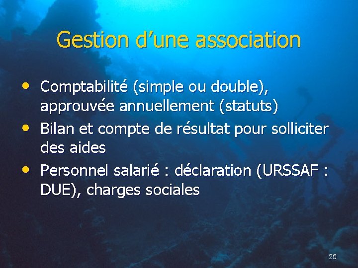 Gestion d’une association • Comptabilité (simple ou double), • • approuvée annuellement (statuts) Bilan