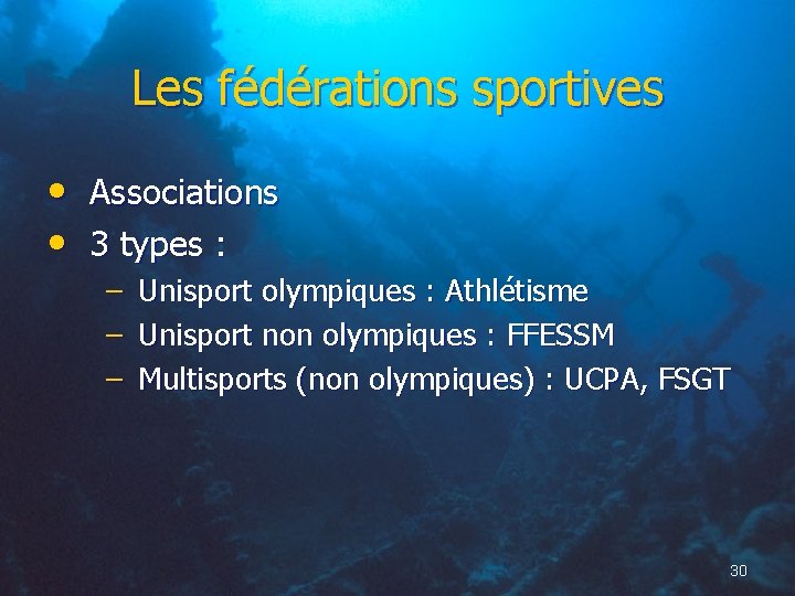 Les fédérations sportives • Associations • 3 types : – Unisport olympiques : Athlétisme