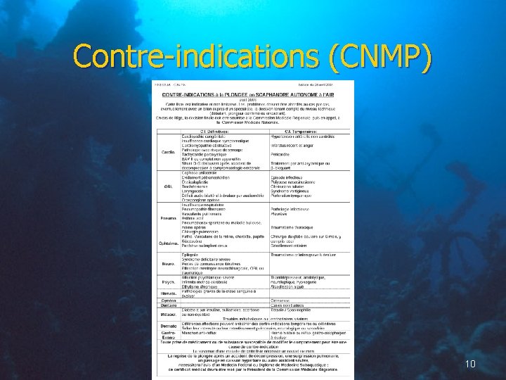 Contre-indications (CNMP) 10 
