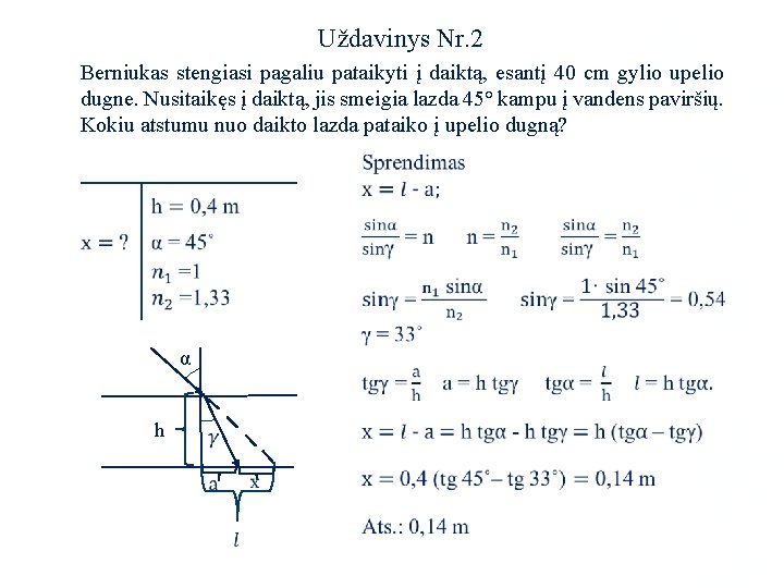 Uždavinys Nr. 2 Berniukas stengiasi pagaliu pataikyti į daiktą, esantį 40 cm gylio upelio