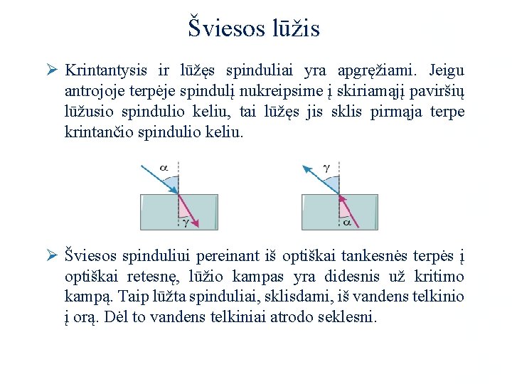 Šviesos lūžis Ø Krintantysis ir lūžęs spinduliai yra apgręžiami. Jeigu antrojoje terpėje spindulį nukreipsime