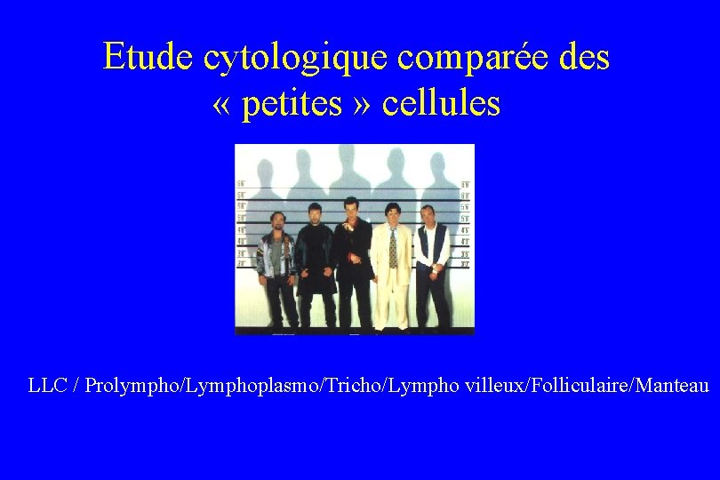 Etude cytologique comparée des « petites » cellules LLC / Prolympho/Lymphoplasmo/Tricho/Lympho villeux/Folliculaire/Manteau 