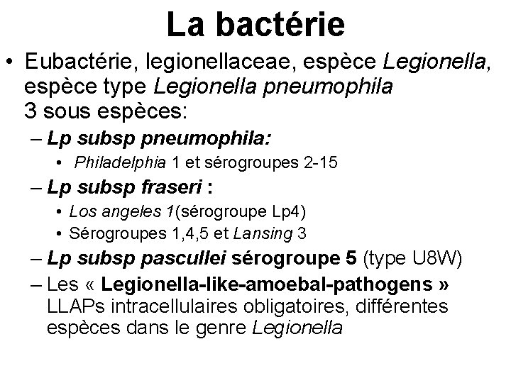 La bactérie • Eubactérie, legionellaceae, espèce Legionella, espèce type Legionella pneumophila 3 sous espèces: