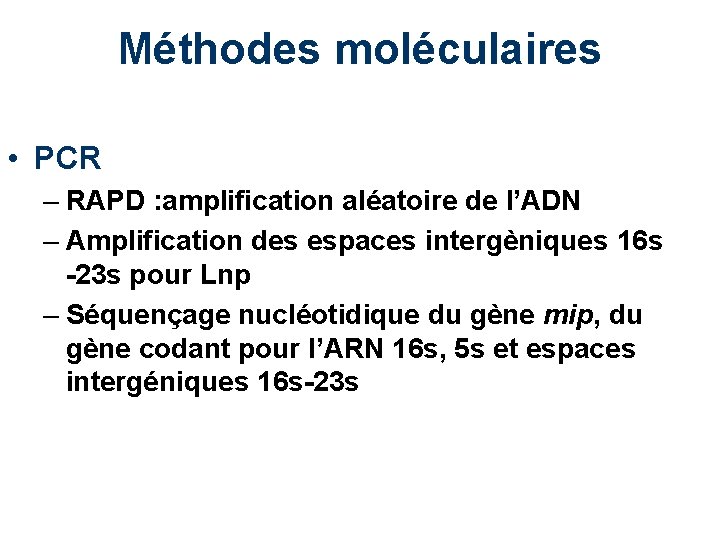 Méthodes moléculaires • PCR – RAPD : amplification aléatoire de l’ADN – Amplification des