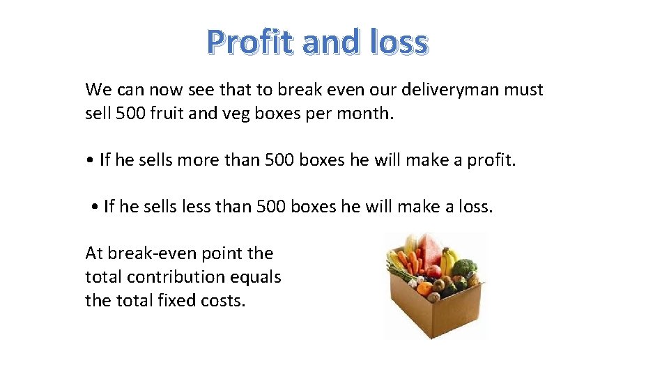 Profit and loss We can now see that to break even our deliveryman must