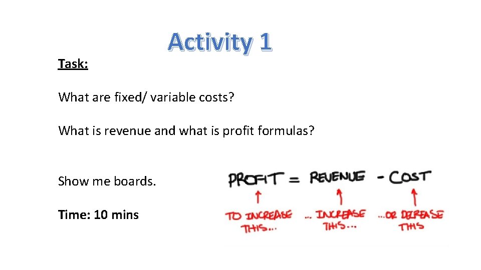 Task: Activity 1 What are fixed/ variable costs? What is revenue and what is