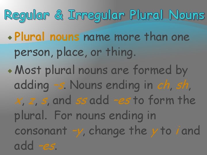 Regular & Irregular Plural Nouns Plural nouns name more than one person, place, or