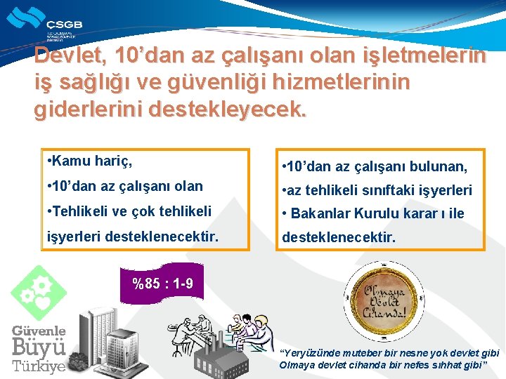 Devlet, 10’dan az çalışanı olan işletmelerin iş sağlığı ve güvenliği hizmetlerinin giderlerini destekleyecek. •