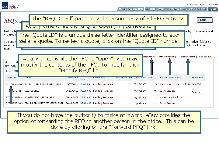 The “RFQ Detail” page provides a summary of all RFQ activity. At any time