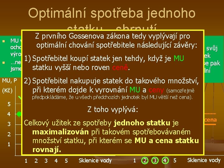 Optimální spotřeba jednoho statku shrnutí Z prvního Gossenova zákona tedy vyplývají pro MU vlastně