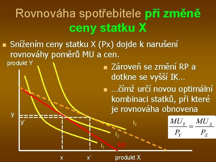 Rovnováha spotřebitele při změně ceny statku X n Snížením ceny statku X (Px) dojde