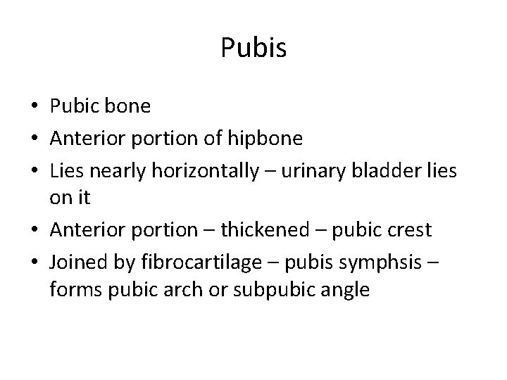 Pubis • Pubic bone • Anterior portion of hipbone • Lies nearly horizontally –