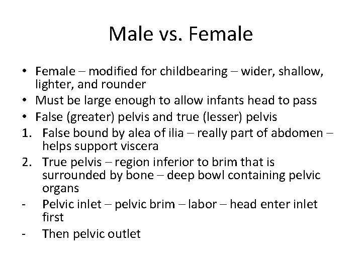 Male vs. Female • Female – modified for childbearing – wider, shallow, lighter, and