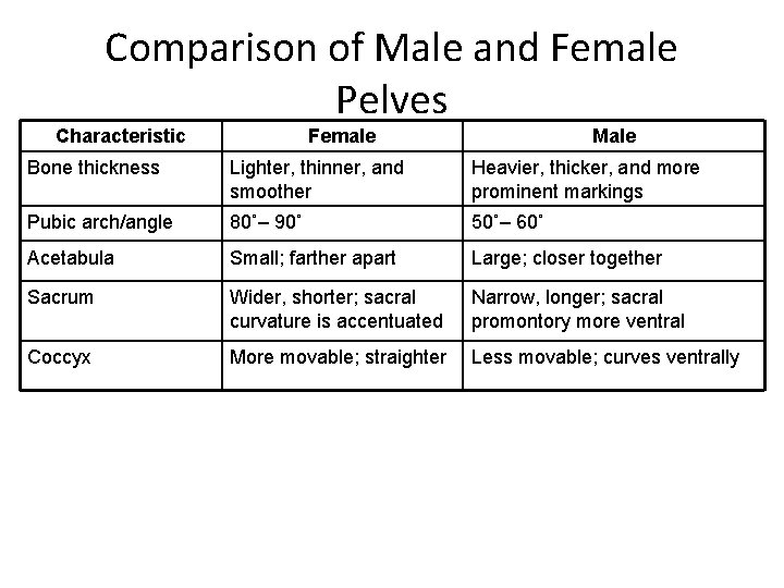 Comparison of Male and Female Pelves Characteristic Female Male Bone thickness Lighter, thinner, and