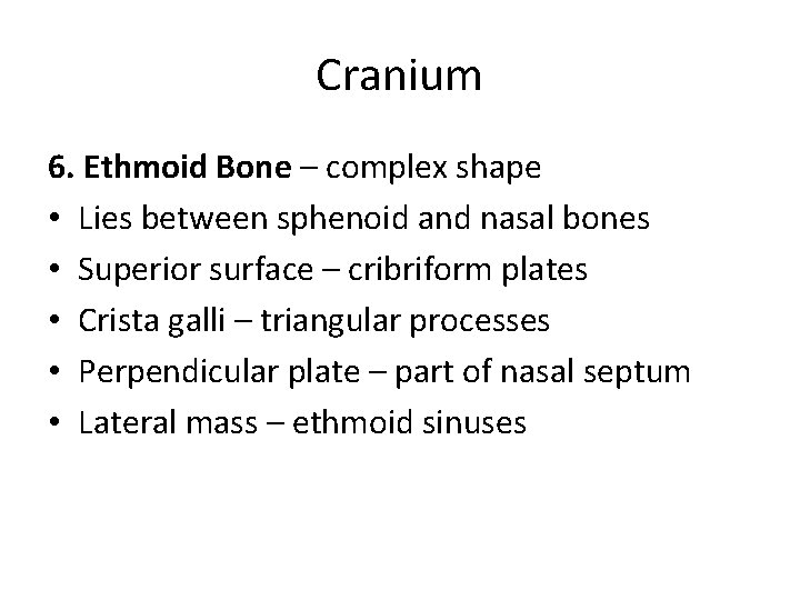 Cranium 6. Ethmoid Bone – complex shape • Lies between sphenoid and nasal bones