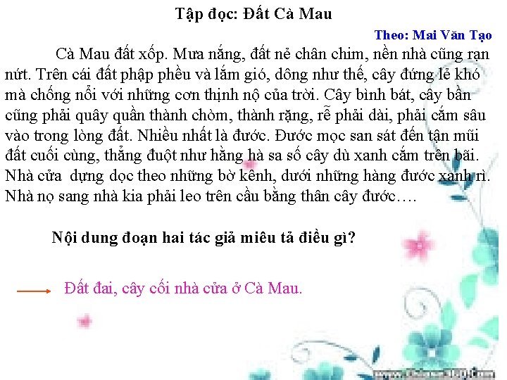 Tập đọc: Đất Cà Mau Theo: Mai Văn Tạo Cà Mau đất xốp. Mưa