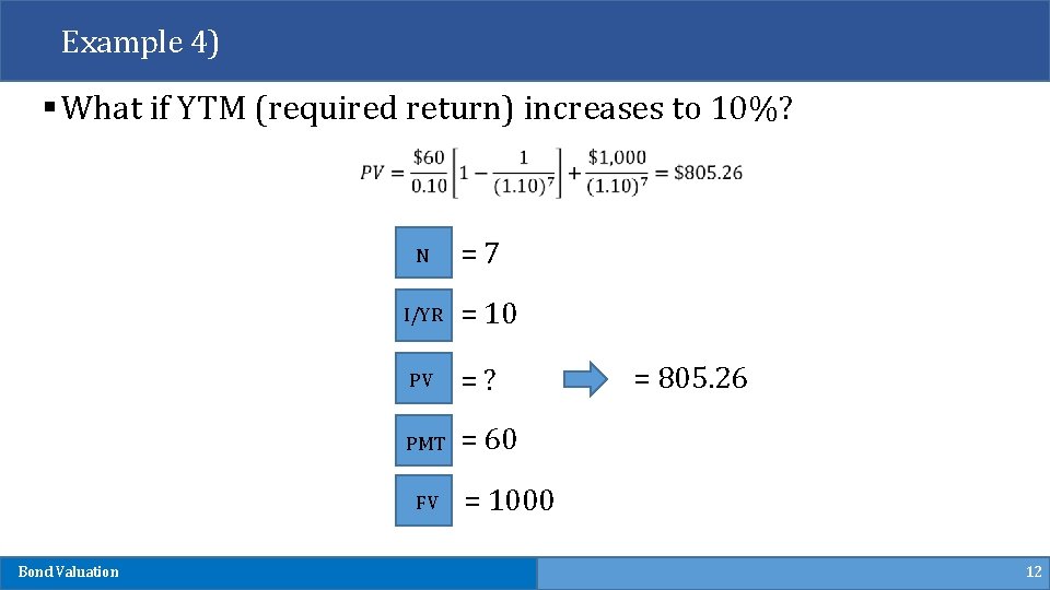 Example 4) § What if YTM (required return) increases to 10%? N I/YR =