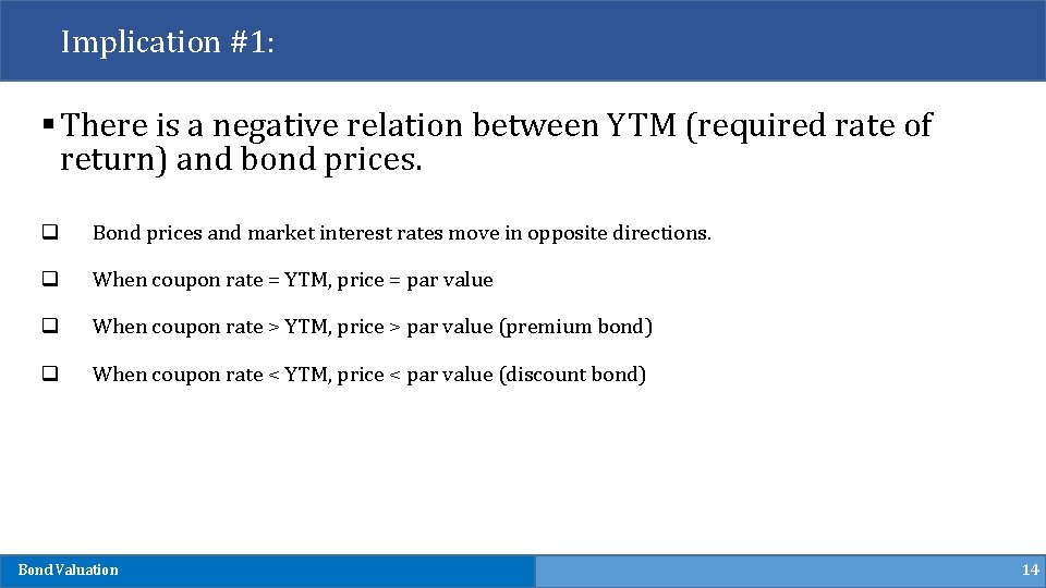 Implication #1: § There is a negative relation between YTM (required rate of return)