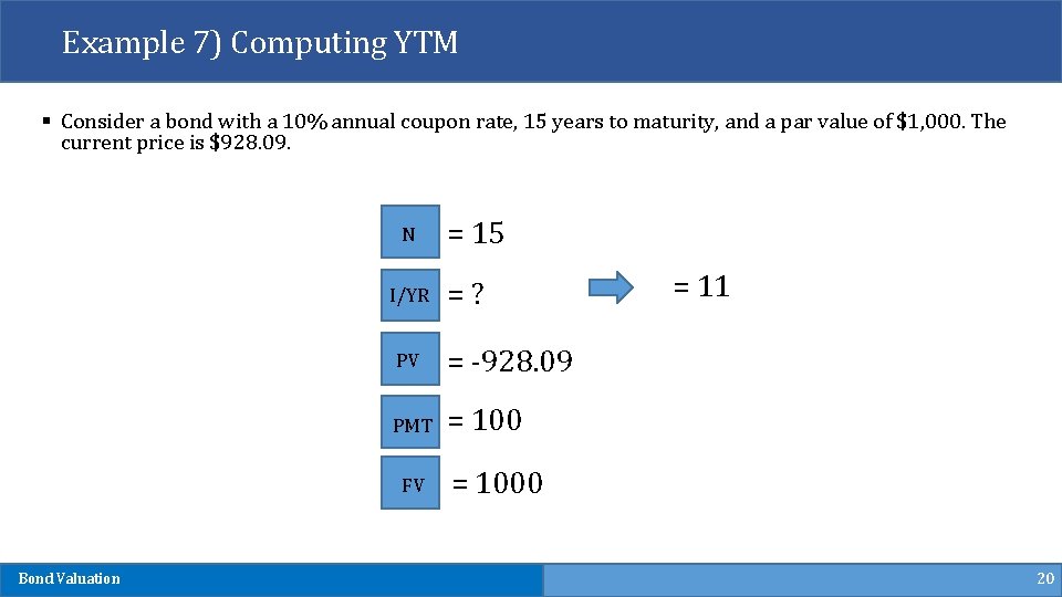 Example 7) Computing YTM § Consider a bond with a 10% annual coupon rate,