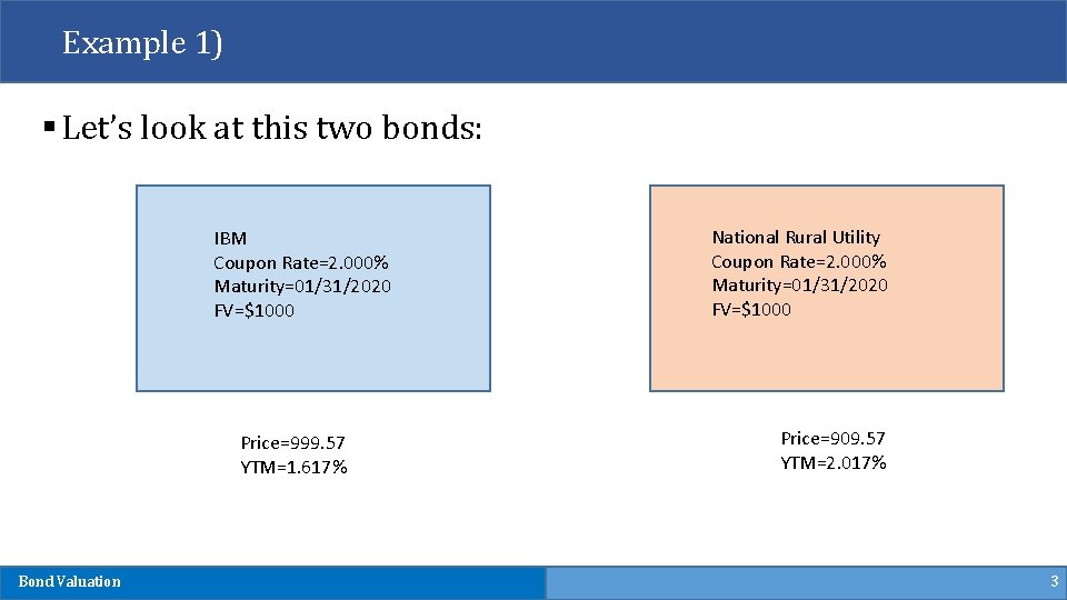 Example 1) § Let’s look at this two bonds: IBM Coupon Rate=2. 000% Maturity=01/31/2020