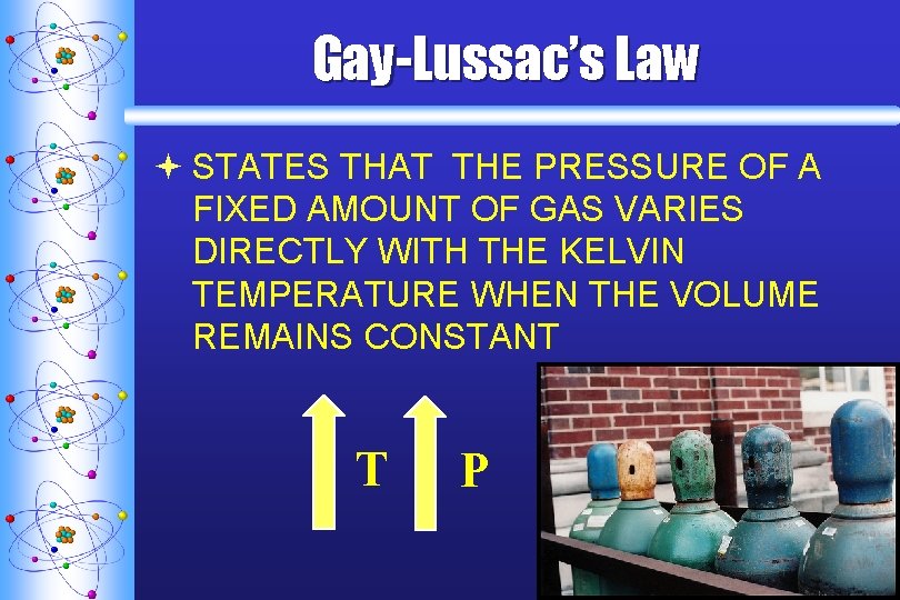 Gay-Lussac’s Law ª STATES THAT THE PRESSURE OF A FIXED AMOUNT OF GAS VARIES