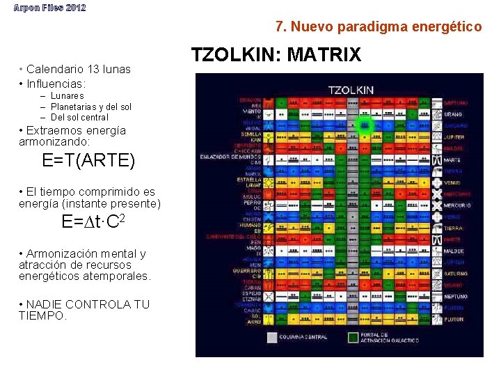 Arpon Files 2012 7. Nuevo paradigma energético • Calendario 13 lunas • Influencias: –