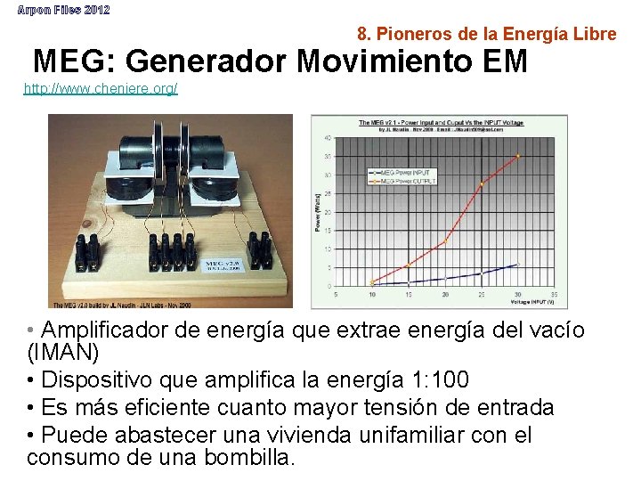 Arpon Files 2012 8. Pioneros de la Energía Libre MEG: Generador Movimiento EM http: