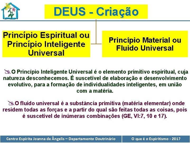 DEUS - Criação Princípio Espiritual ou Princípio Inteligente Universal Princípio Material ou Fluido Universal