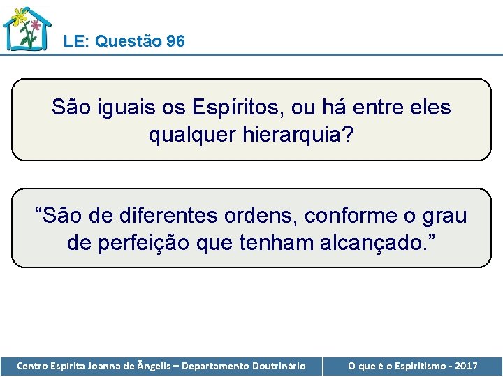 LE: Questão 96 São iguais os Espíritos, ou há entre eles qualquer hierarquia? “São