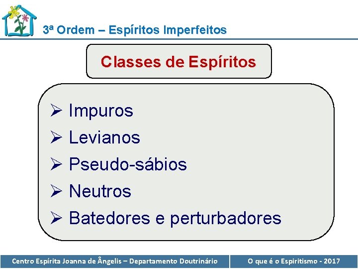 3ª Ordem – Espíritos Imperfeitos Classes de Espíritos Ø Impuros Ø Levianos Ø Pseudo-sábios