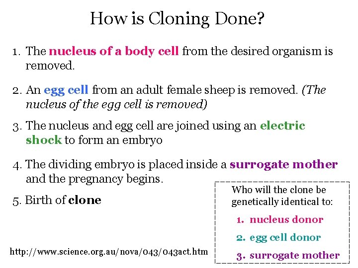 How is Cloning Done? 1. The nucleus of a body cell from the desired