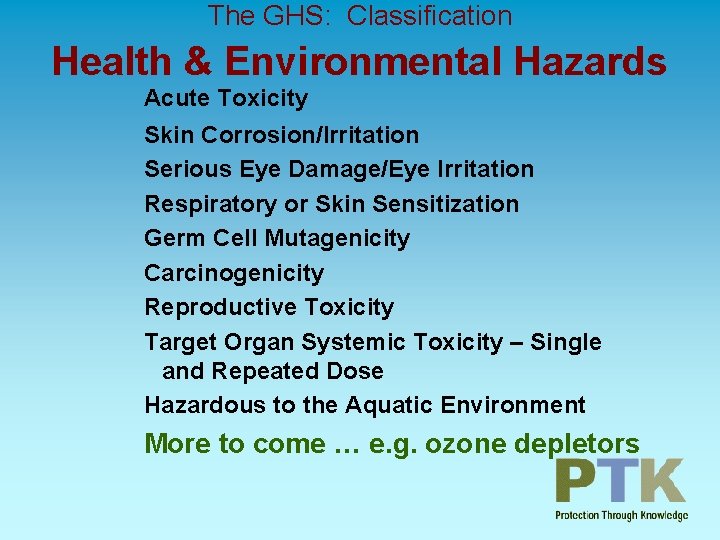 The GHS: Classification Health & Environmental Hazards Acute Toxicity Skin Corrosion/Irritation Serious Eye Damage/Eye