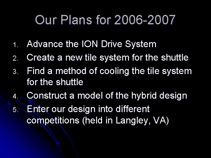 Our Plans for 2006 -2007 1. 2. 3. 4. 5. Advance the ION Drive