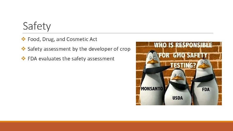 Safety v Food, Drug, and Cosmetic Act v Safety assessment by the developer of