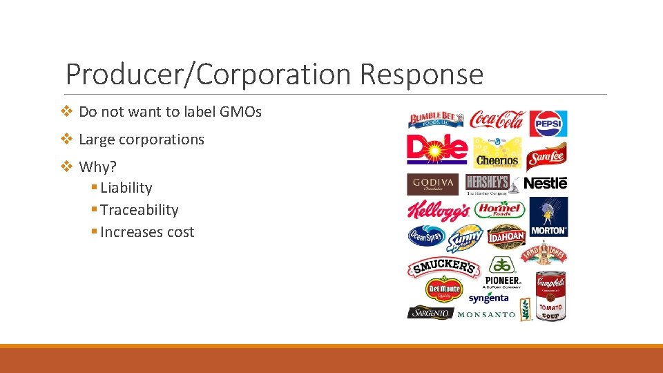Producer/Corporation Response v Do not want to label GMOs v Large corporations v Why?